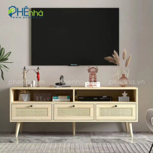 kệ tivi gỗ kết hợp mây tre đan nhiều ngăn