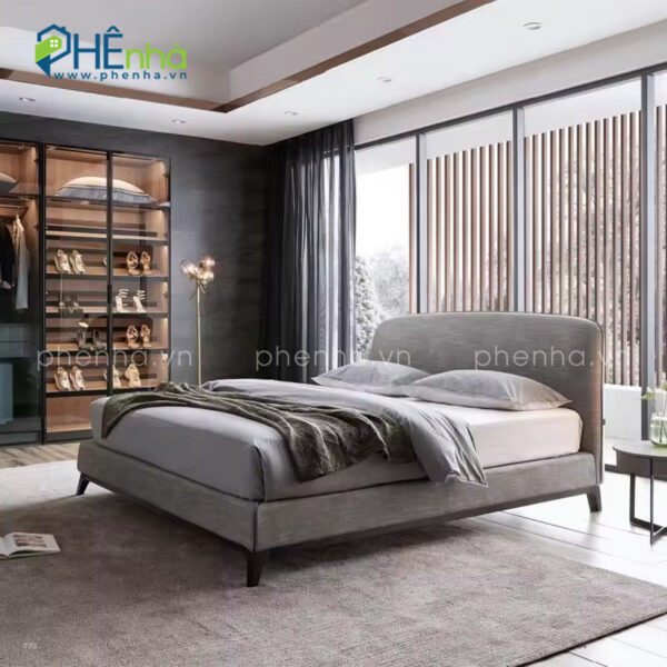 Giường ngủ đơn giản bọc vải nỉ màu xám - GN45 - Hình ảnh 2