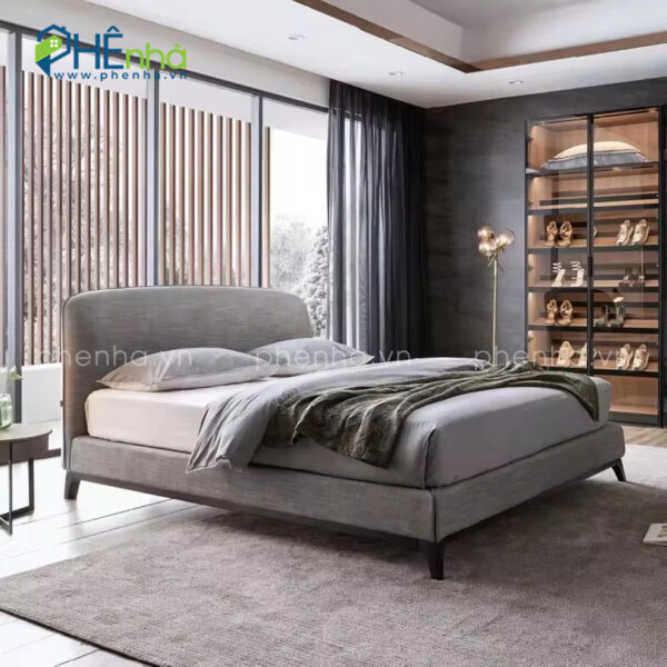 Giường ngủ đơn giản bọc vải nỉ màu xám - GN45