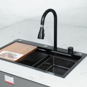 Bộ vòi chậu rửa 1 hố thác nước nano đen cao cấp - FC-B7546