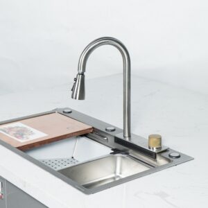 Bộ chậu vòi rửa 1 hố thác nước inox trắng xước - FC-B7546