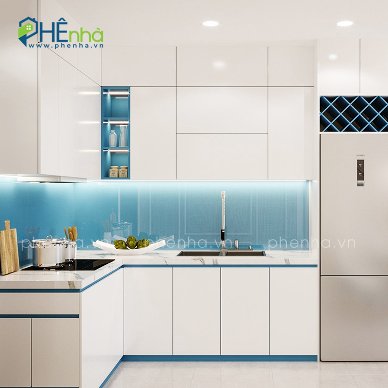 tủ bếp hiện đại màu xanh trắng