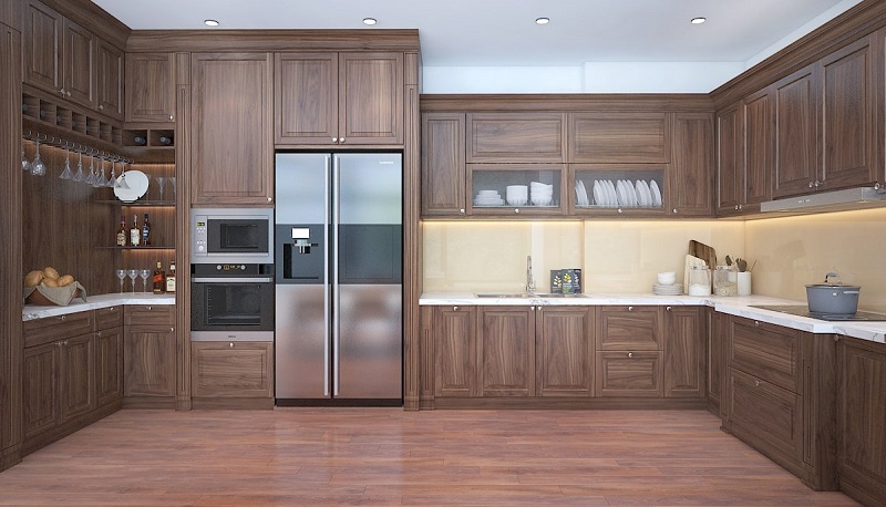 gỗ tự nhiên làm tủ bếp