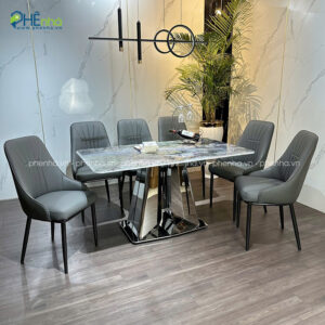 bo ban an 6 ghe hien dai boc da microfiber ba06 6